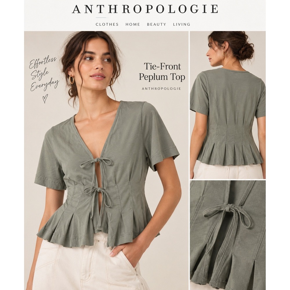 Anthropologie Tie-Front Peplum Top Sage Green Short Sleeve V-Neck Blouse Medium